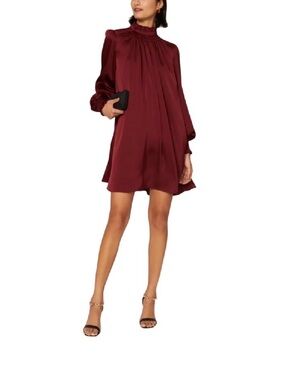 Adam Lippes Rich Burgundy Balloon Sleeve Ruffle Neck Charmeuse Dress Size 8